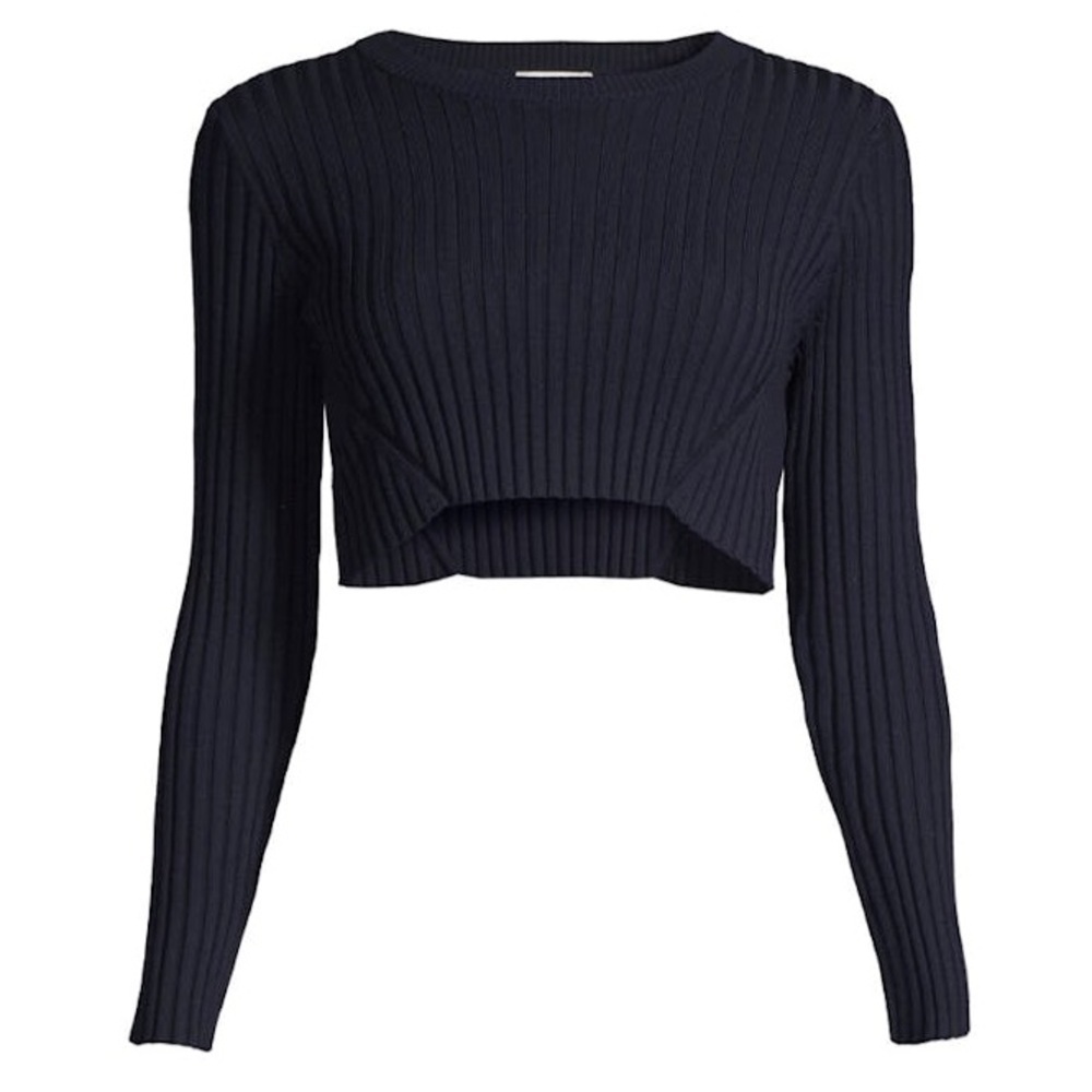 Jason Wu Ribbed Knit Wool Cropped Crew Neck Sweater Top Slim Fit Navy Size Large - Picture 2 of 9